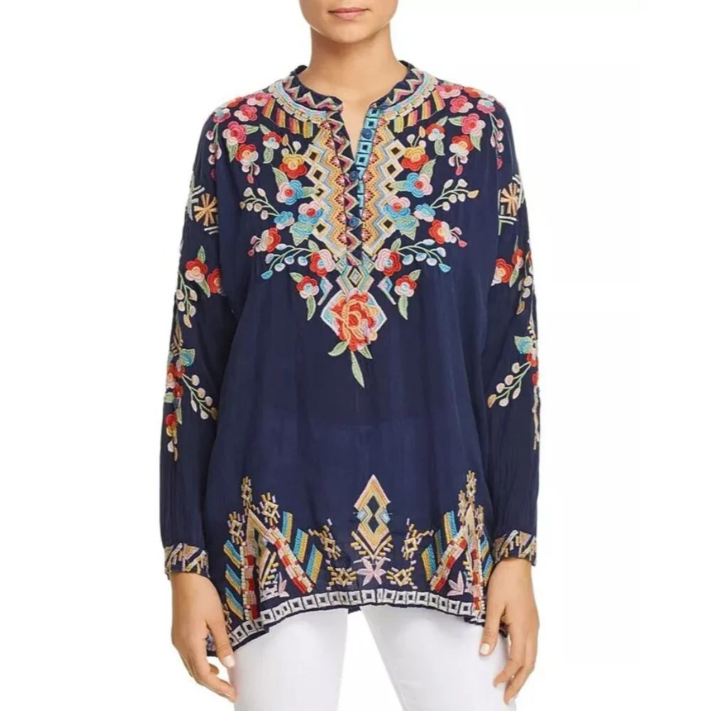 Johnny Was Women's Tunic Top Large Jessa White Sheer Embroidered Button Oversize - Picture 2 of 8